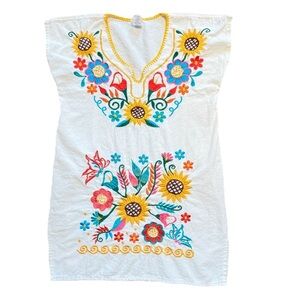 Mexican Huipil Embroidered Top Blouse *XS/S Sunflower Butterfly Gunny Sack Boho